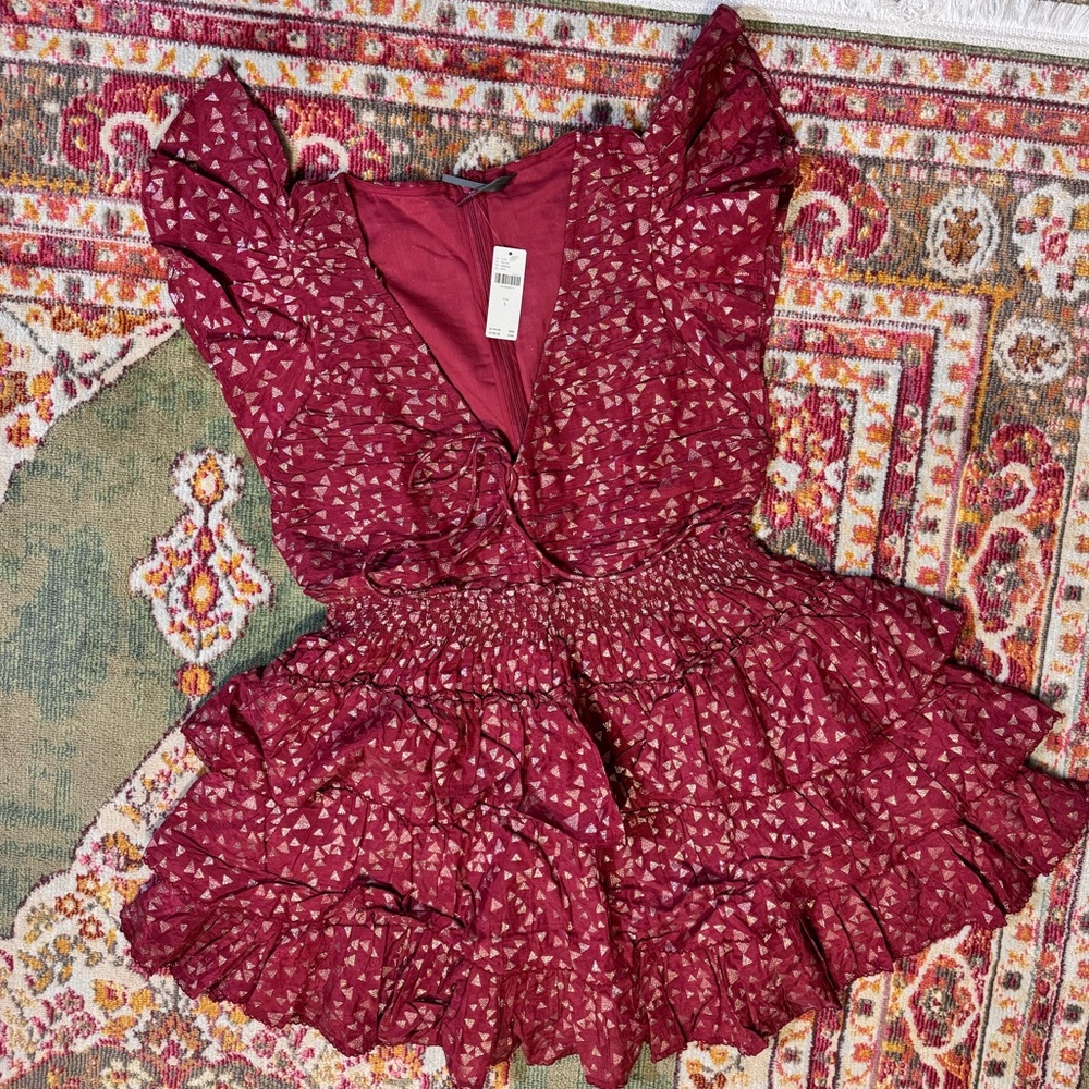 Anthropologie Short Sleeve Glittery Burnt Orange / Rust Red Ruffle Mini Dress